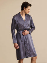 [Navy Ginkgo] SilkSilky-AU Long Sleeve V Neck Men's Dressing Gown 004