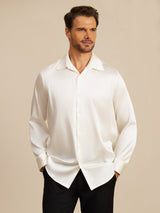 [White] SilkSilky-AU 19Momme Stretch Silk Charmeuse Long Sleeve Lapel Collar Men's Shirt 003