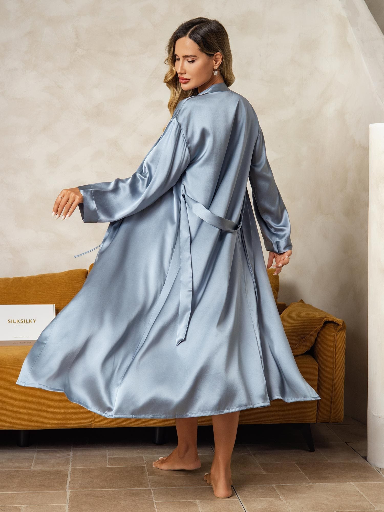 [Grayish Blue] SilkSilky-AU Pure Silk V Neck Nightgown&Dressing Gown Set 003