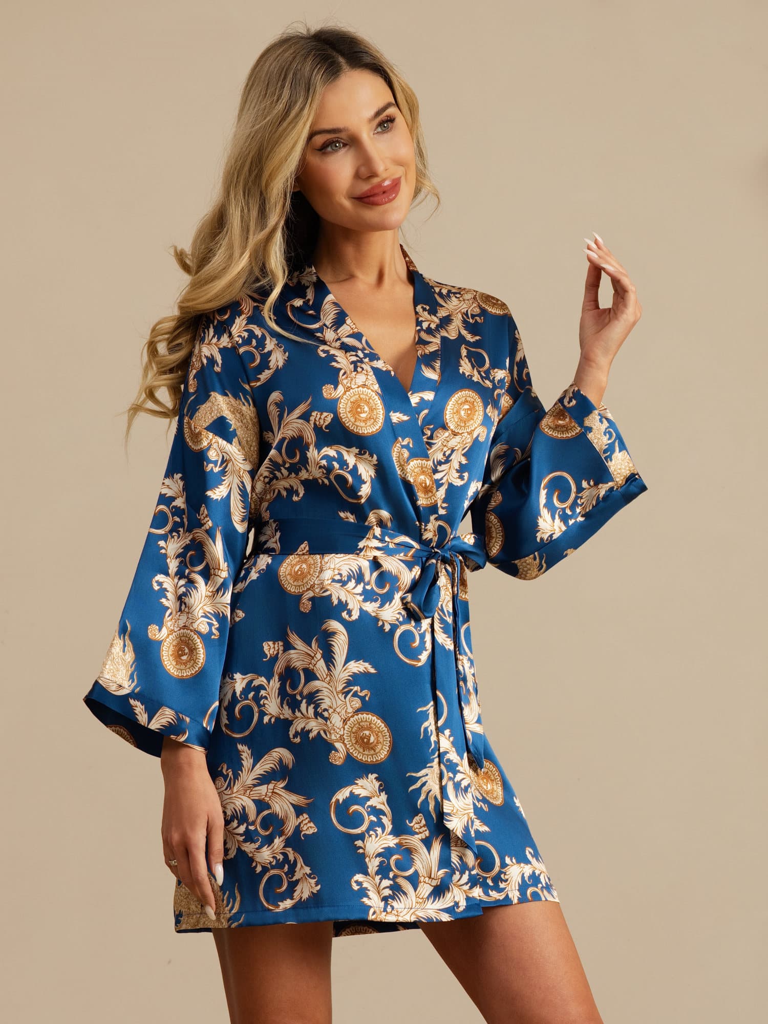 [Navy Dragon] SilkSilky-AU 3/4 Sleeve V Neck Women's Dressing Gown 007