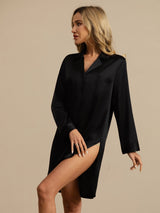 [Black] SilkSilky-AU Long Sleeve Lapel Collar Nightshirt 003