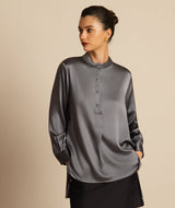 [Dark Gray] SilkSilky-AU 19Momme Stretch Silk Charmeuse Long Sleeve Stand Collar Blouse 003
