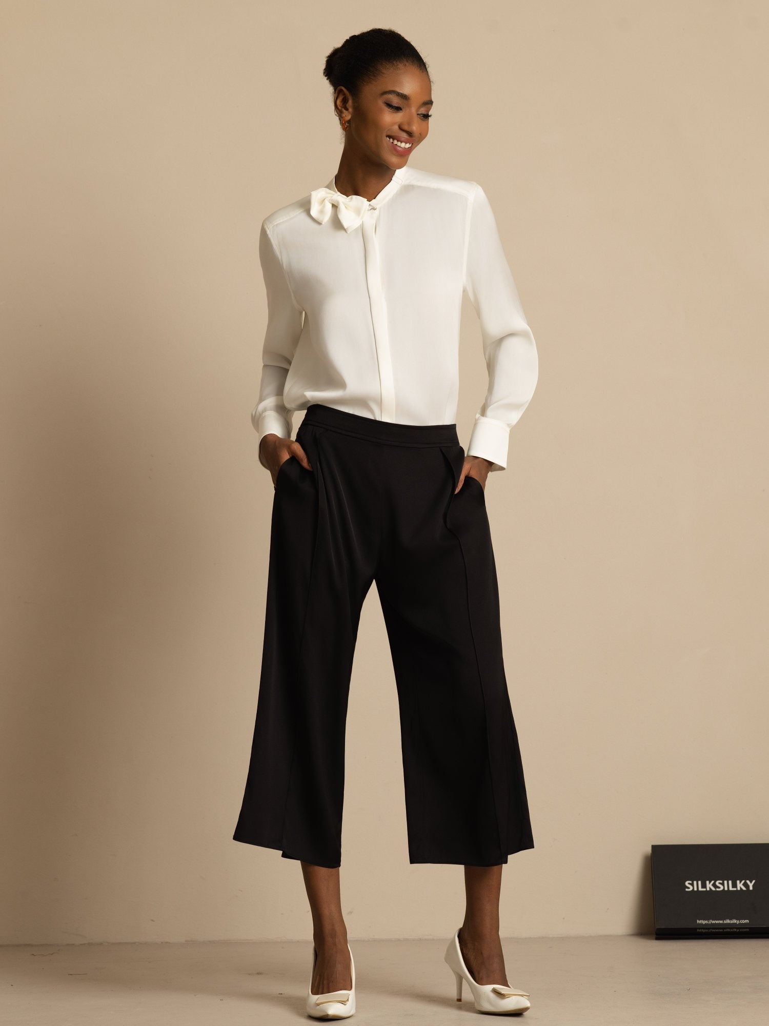 [White] SilkSilky-AU 19Momme Stretch Silk Double Georgette Long Sleeve Stand Collar Blouse 007