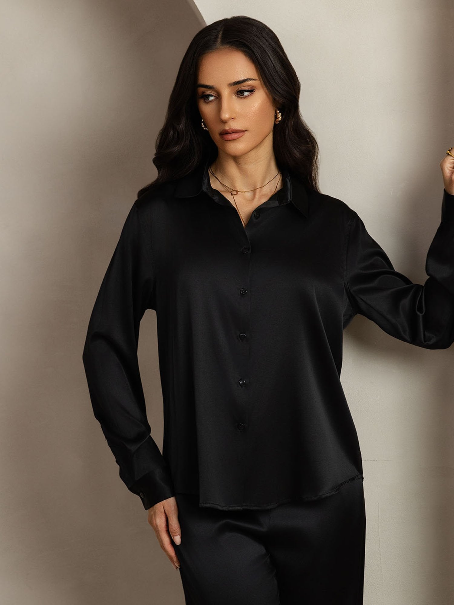 [Black] SilkSilky-AU 19Momme Silk Lapel Collar Women''s Outfit Sets 005