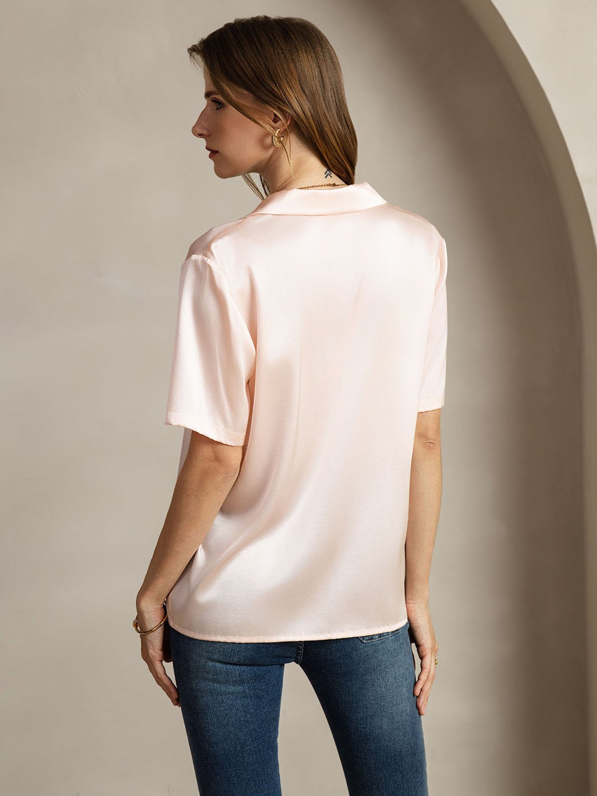 [Pink] SilkSilky-AU 19Momme Silk Notched Neck Women's Shirt 002