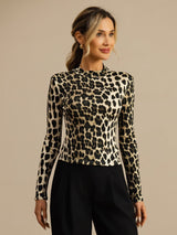 [Leopard] SilkSilky-AU 100% Silk Jersey Long Sleeve Mock Neck Women's T-Shirt 001