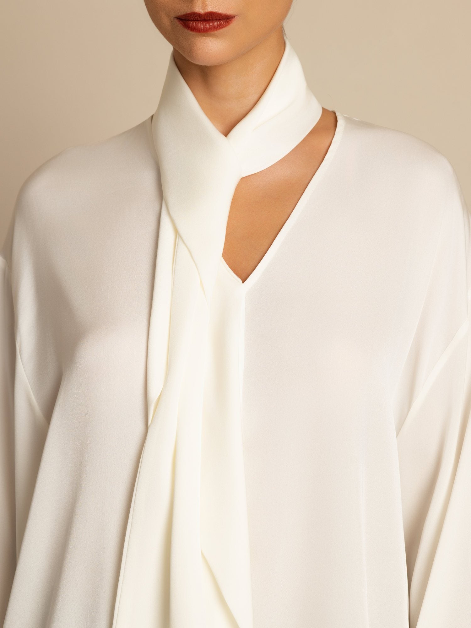[White] SilkSilky-AU 19Momme Stretch Silk Double Georgette Long Sleeve V Neck Blouse 005