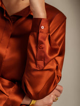 [Caramel] SilkSilky-AU 19Momme Stretch Silk Charmeuse Long Sleeve Lapel Collar Women's Shirt 007