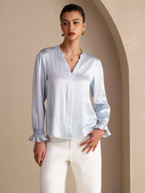 [Sky Blue] SilkSilky-AU Long Sleeve Split Women's Blouse 001