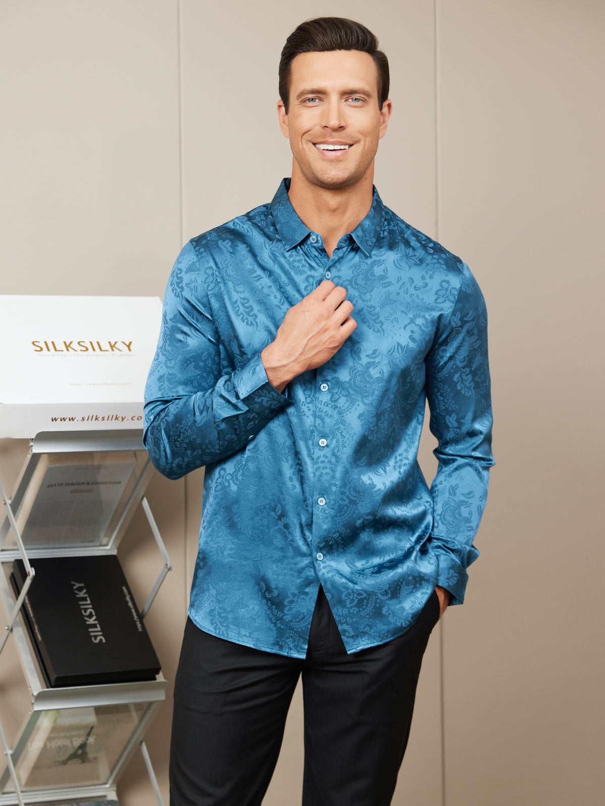 SilkSilky AU Silk Long Sleeve Collar Men's Shirt Teal 005