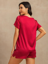 [Wine] SilkSilky-AU 19Momme Machine-Washable Silk Short Sleeve Round Neck Women's Pyjamas 002