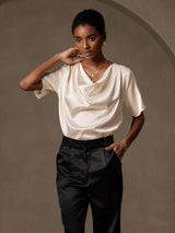 [Beige] SilkSilky-AU Short Sleeve Cowl Neck Women's Blouse 004
