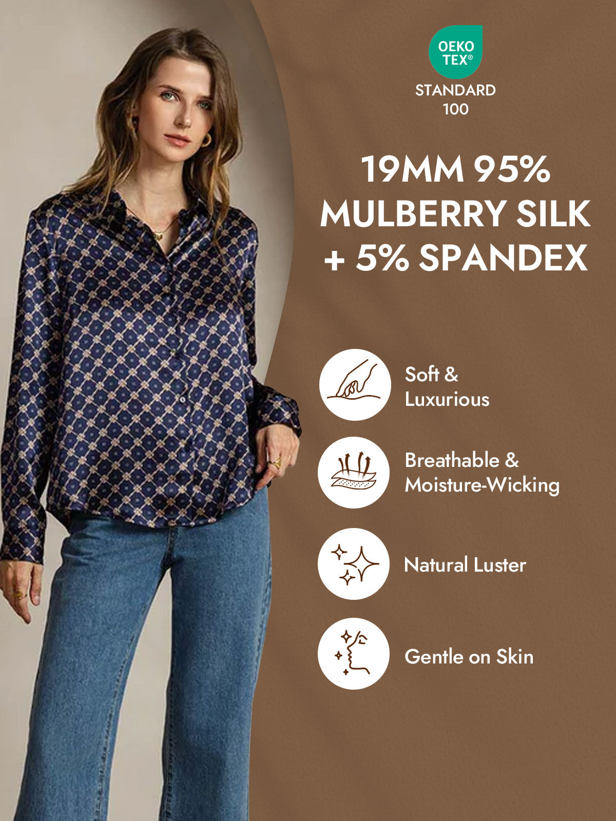 [Navy Chain] SilkSilky-AU Silk Long Sleeve Lapel Collar Women's Shirt 004