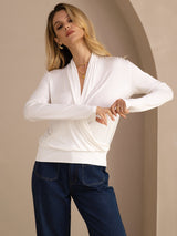 [White] SilkSilky-AU Long Sleeve Wrap Women's Blouse 003
