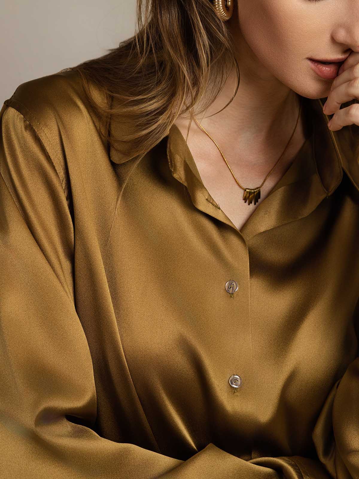 [Bronze] SilkSilky-AU Silk Long Sleeve Lapel Collar Women's Shirt 008