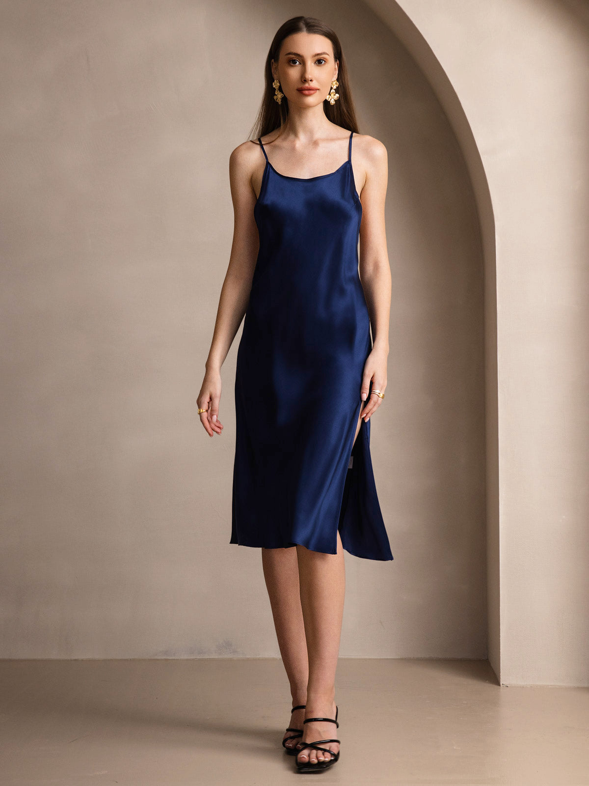 [Dark Blue] SilkSilky-AU Pure Silk Round Neck Dress 003
