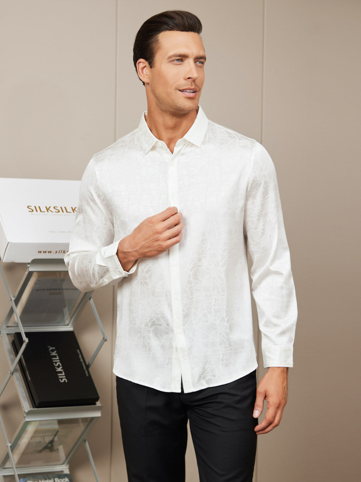 SilkSilky AU Silk Long Sleeve Collar Men's Shirt White 005