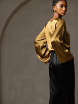 [Brown] SilkSilky-AU Long Sleeve Boat Neck Blouse 006