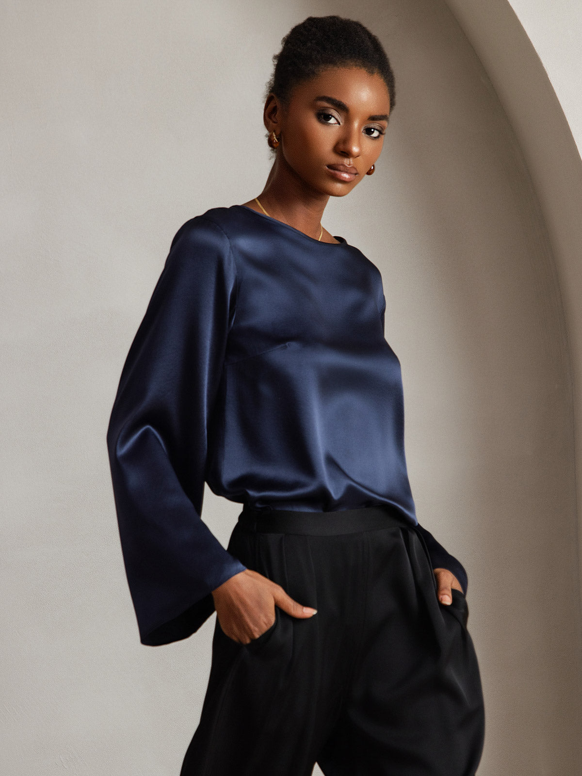 [Dark Blue] SilkSilky-AU Long Sleeve Boat Neck Blouse 001