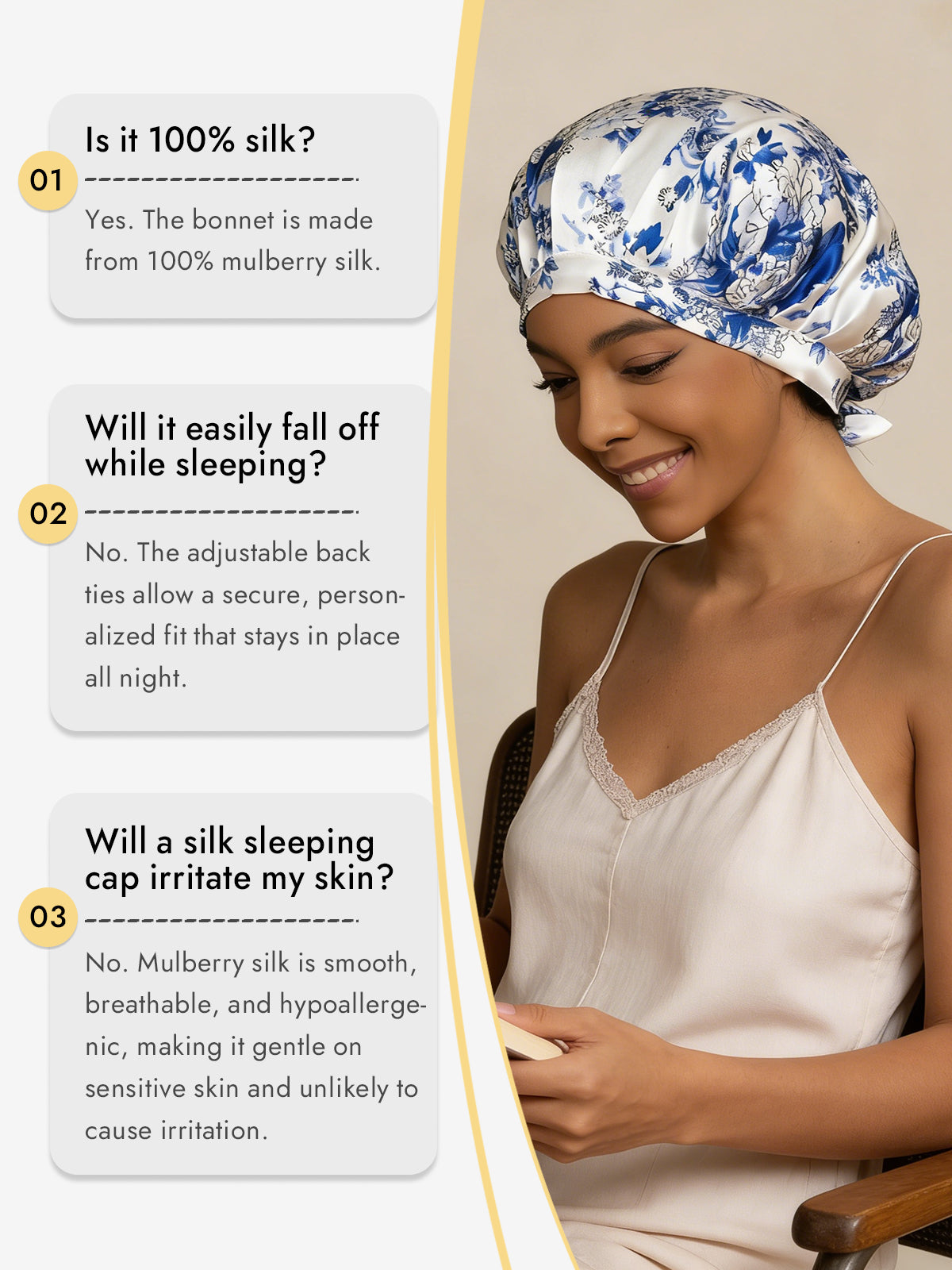 [Blue and White Porcelain] SilkSilky-AU Pure Silk Sleep Cap 006