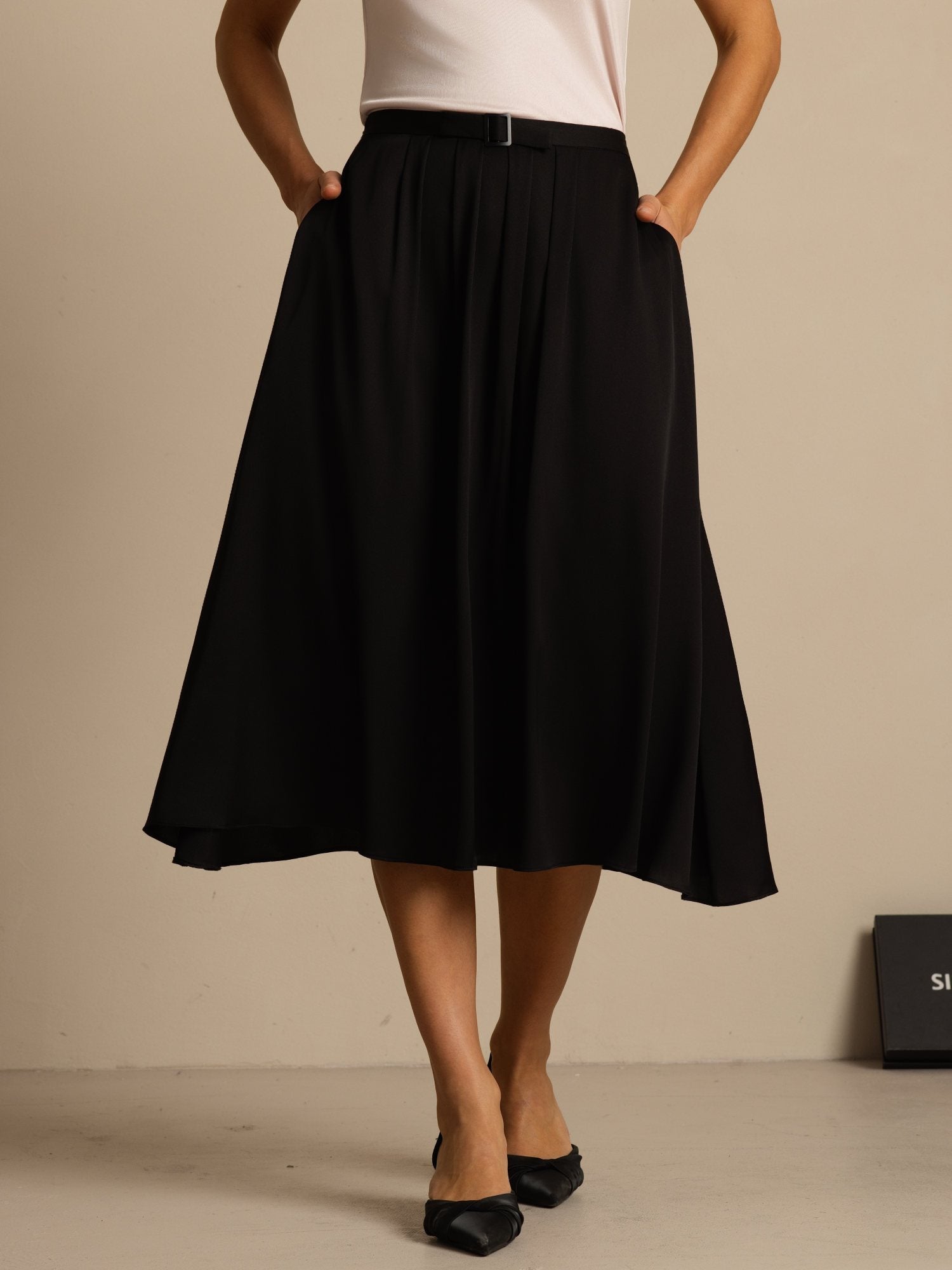 [Black] SilkSilky-AU 19Momme Stretch Silk Double Georgette Skirt 001