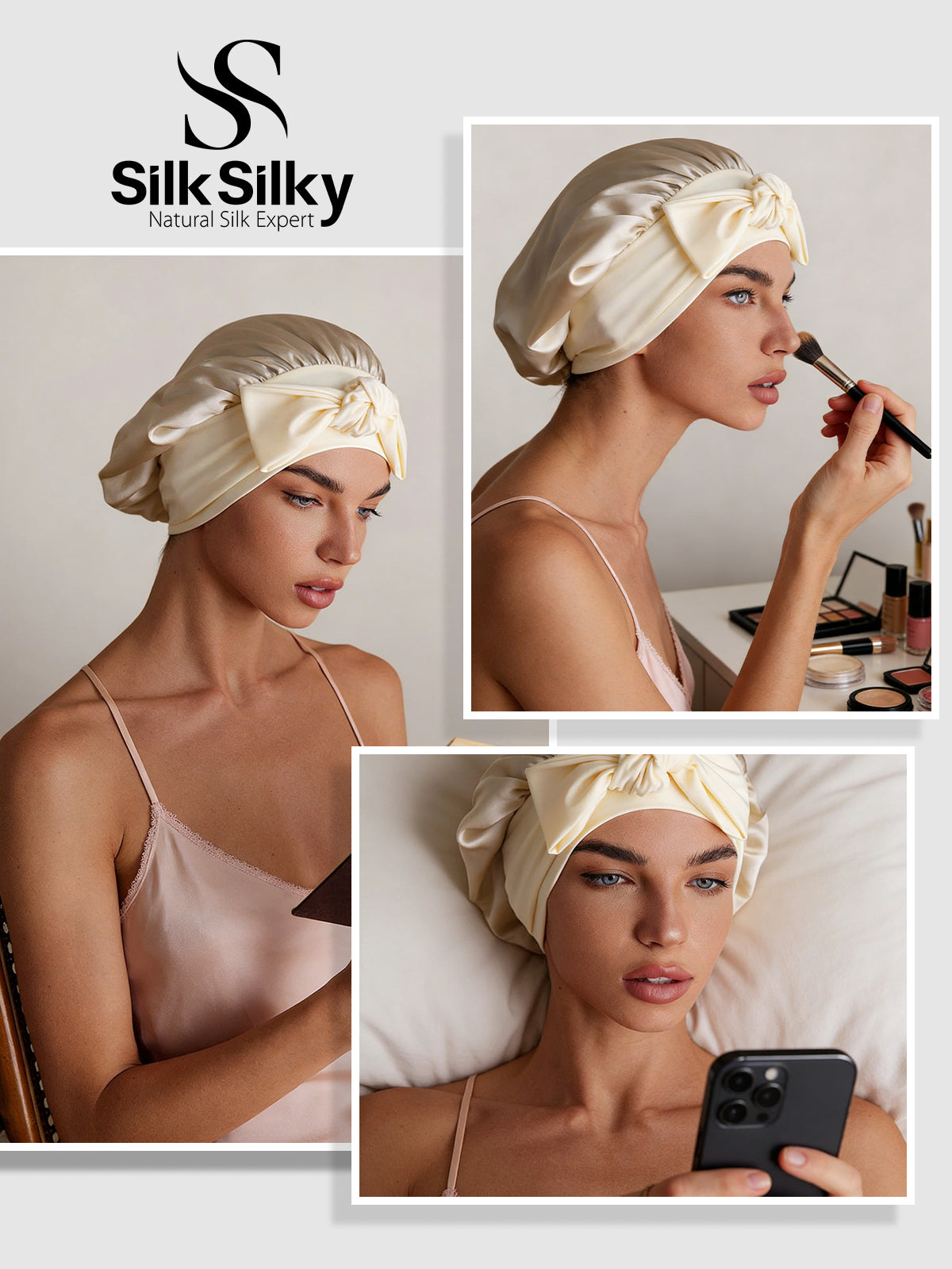 [Beige] SilkSilky-AU Pure Silk Sleep Cap 005