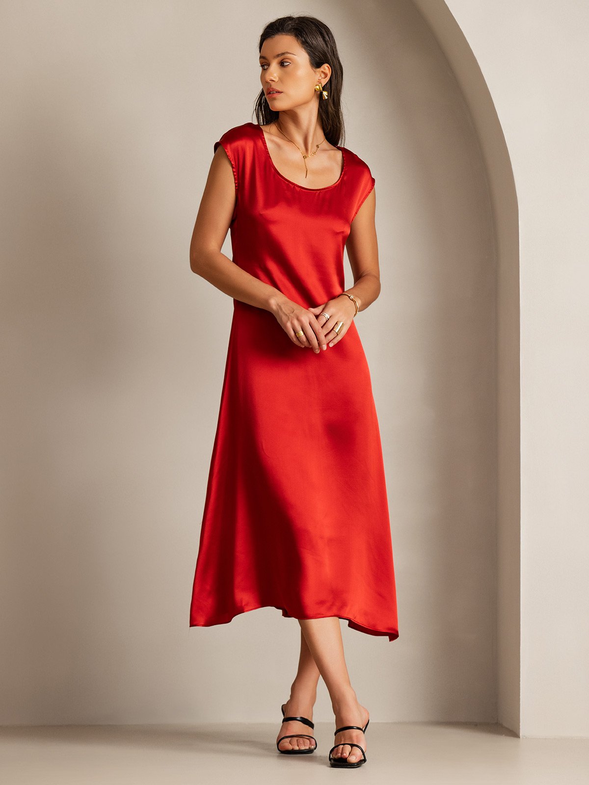 [Wine] SilkSilky-AU 19Momme Silk Round Neck Dress 001