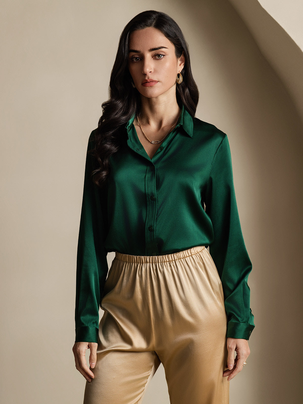 [Dark Green] SilkSilky-AU 19Momme Stretch Silk Charmeuse Long Sleeve Lapel Collar Women's Shirt 006