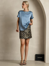[Grayish Blue] SilkSilky-AU 19Momme Stretch Silk Charmeuse Short Sleeve Boat Neck Women's T-Shirt 007