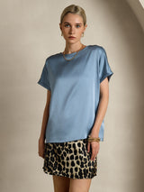 [Grayish Blue] SilkSilky-AU 19Momme Stretch Silk Charmeuse Short Sleeve Boat Neck Women's T-Shirt 003