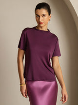 [Purple] SilkSilky-AU 100% Silk Jersey Short Sleeve Mock Neck Women's T-Shirt 005