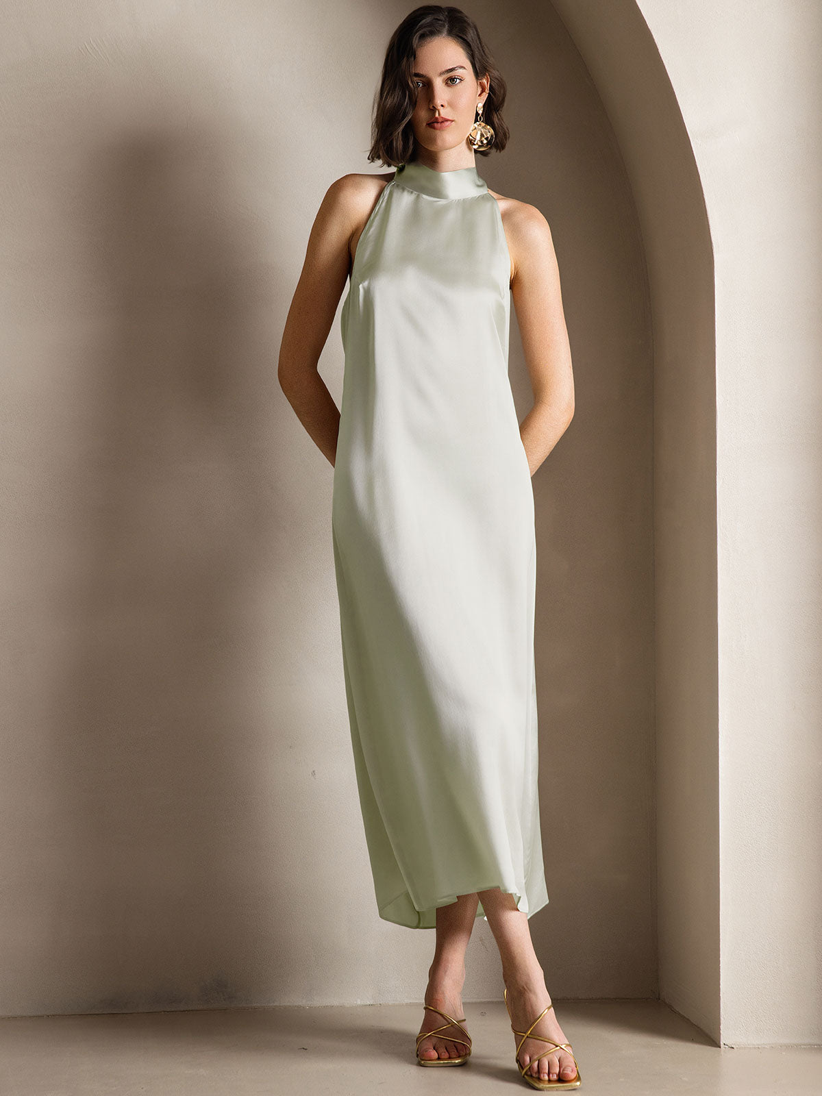 SilkSilky AU 19Momme Silk Sleeveless Dress LightGreen 003