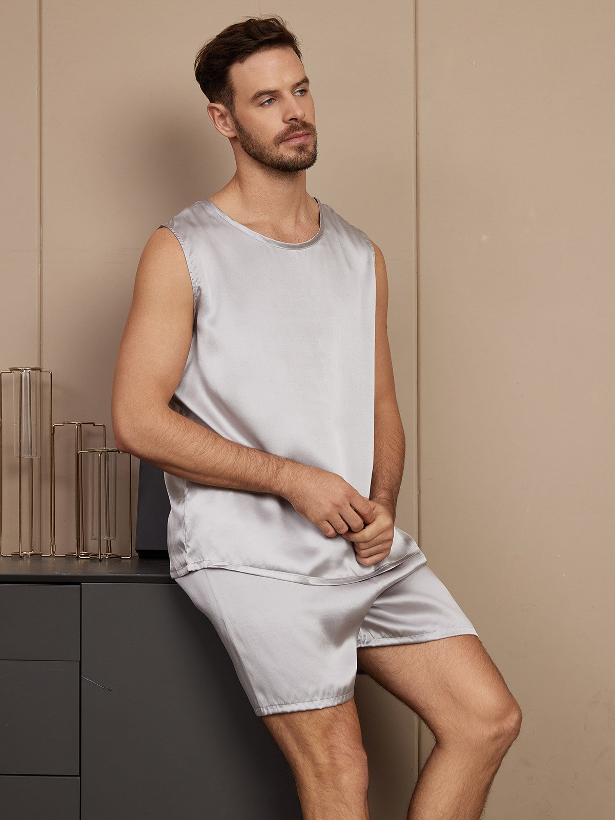 SilkSilky AU Pure Silk Sleeveless Round Neck Men's Pyjamas Silver 005