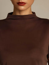 [Coffee] SilkSilky-AU 100% Silk Jersey Short Sleeve Mock Neck Women's T-Shirt 004