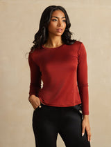 [Fired Brick] SilkSilky-AU 100% Silk Jersey Long Sleeve Crew Neck Women's T-Shirt 001