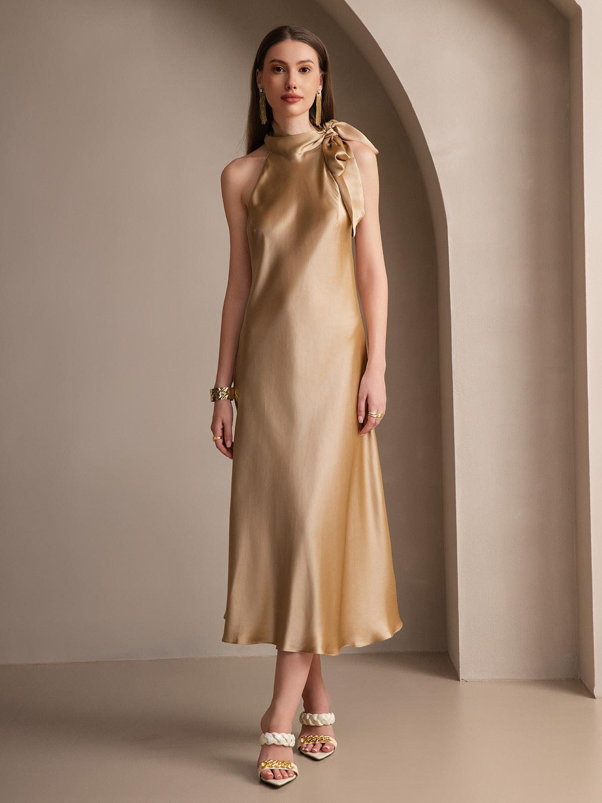 [Champagne] SilkSilky-AU 19Momme Silk Sleeveless Tie Neck Dress 005