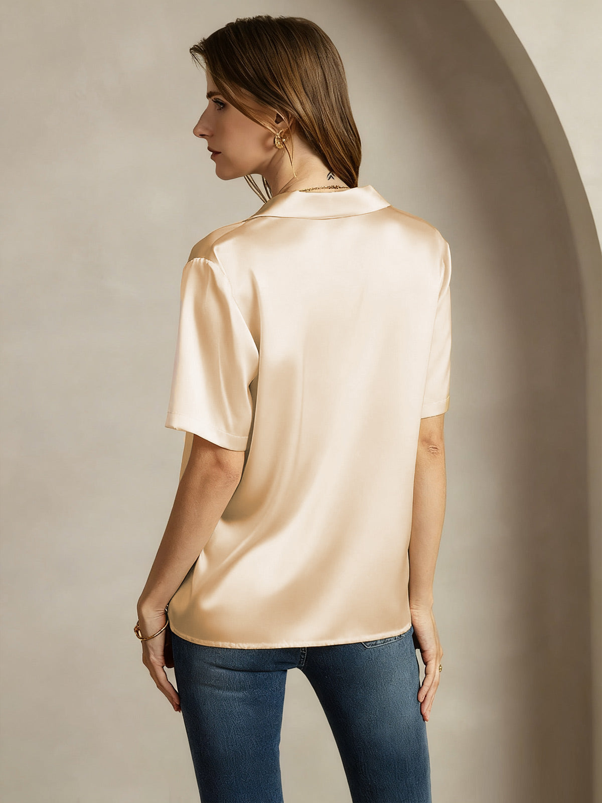 [Champagne] SilkSilky-AU 19Momme Silk Notched Neck Women's Shirt 002