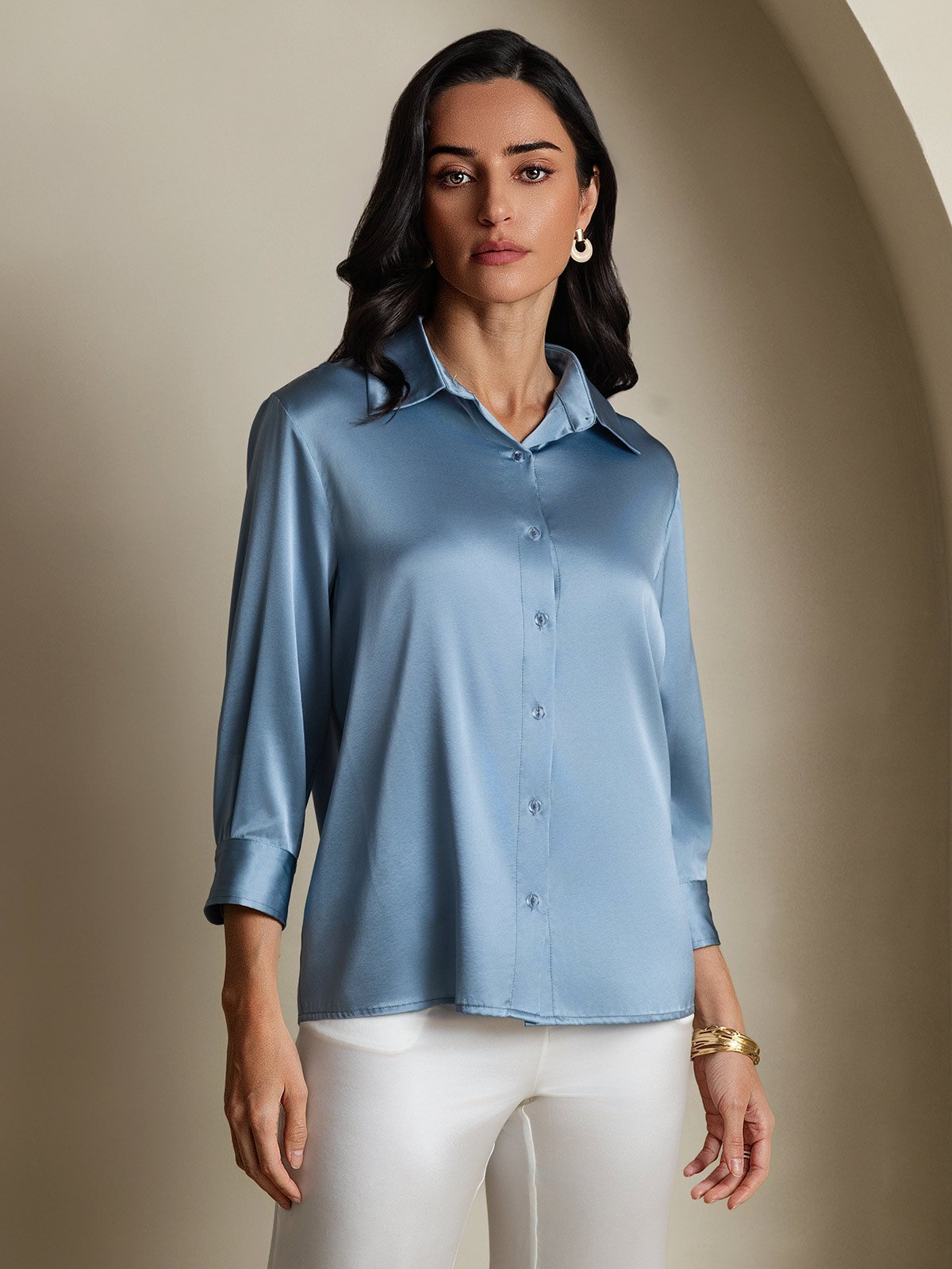 SilkSilky-AU 19Momme Silk Long Sleeve Lapel Women's Shirt GrayishBlue 004
