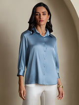 [Grayish Blue] SilkSilky-AU 19Momme Stretch Silk Charmeuse 3/4 Sleeve Lapel Collar Women's Shirt 004