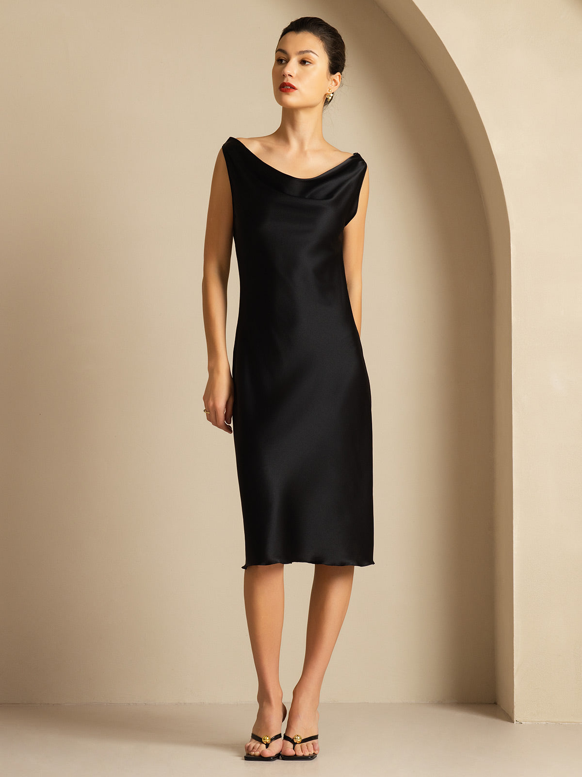 [Black] SilkSilky-AU 19Momme Silk Cowl Neck Dress 005