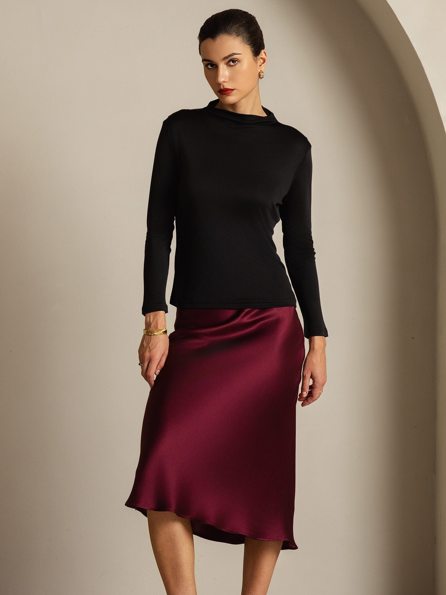 [Black] SilkSilky-AU Pure Silk High Neck Women's T-Shirt 006