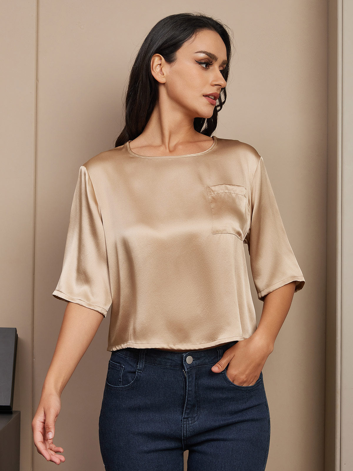 SilkSilky AU Pure Silk Half Sleeve Boat Neck Women's T Shirt Champagne 001