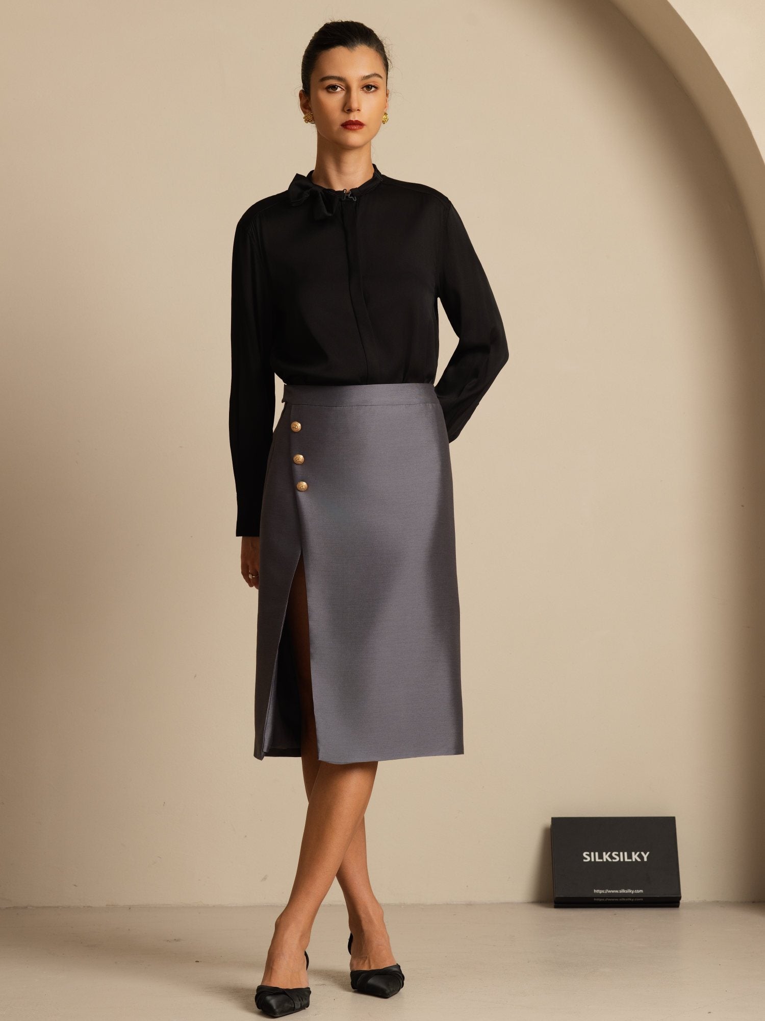 [Black] SilkSilky-AU 19Momme Stretch Silk Double Georgette Long Sleeve Stand Collar Blouse 007