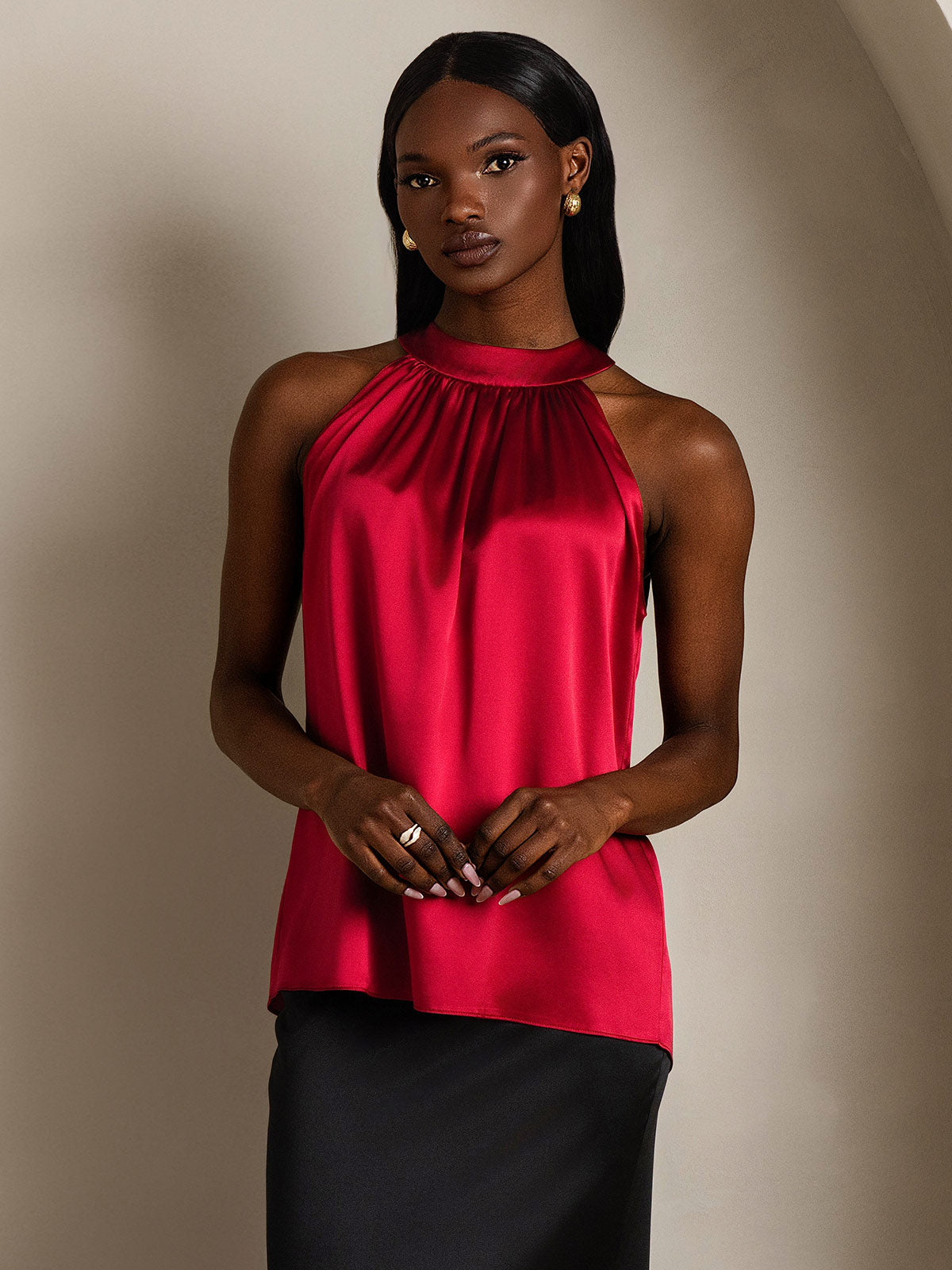 [Wine] SilkSilky-AU 19Momme Silk Sleeveless Halter Neck Women's T-Shirt 005