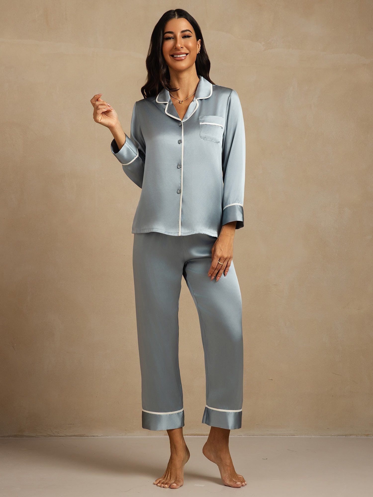 [GrayishBlue] SilkSilky-AU Pure Silk Lapel Collar Women's Pyjamas 007