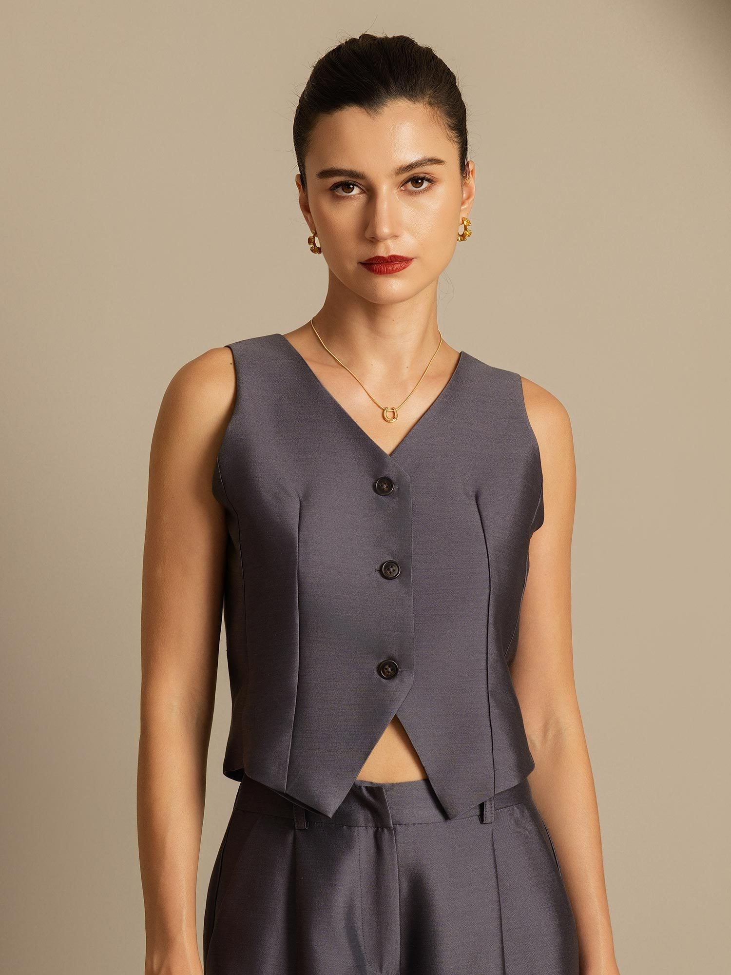 [Gray] SilkSilky-AU 32Momme Wool V Neck Women's Vest 003,