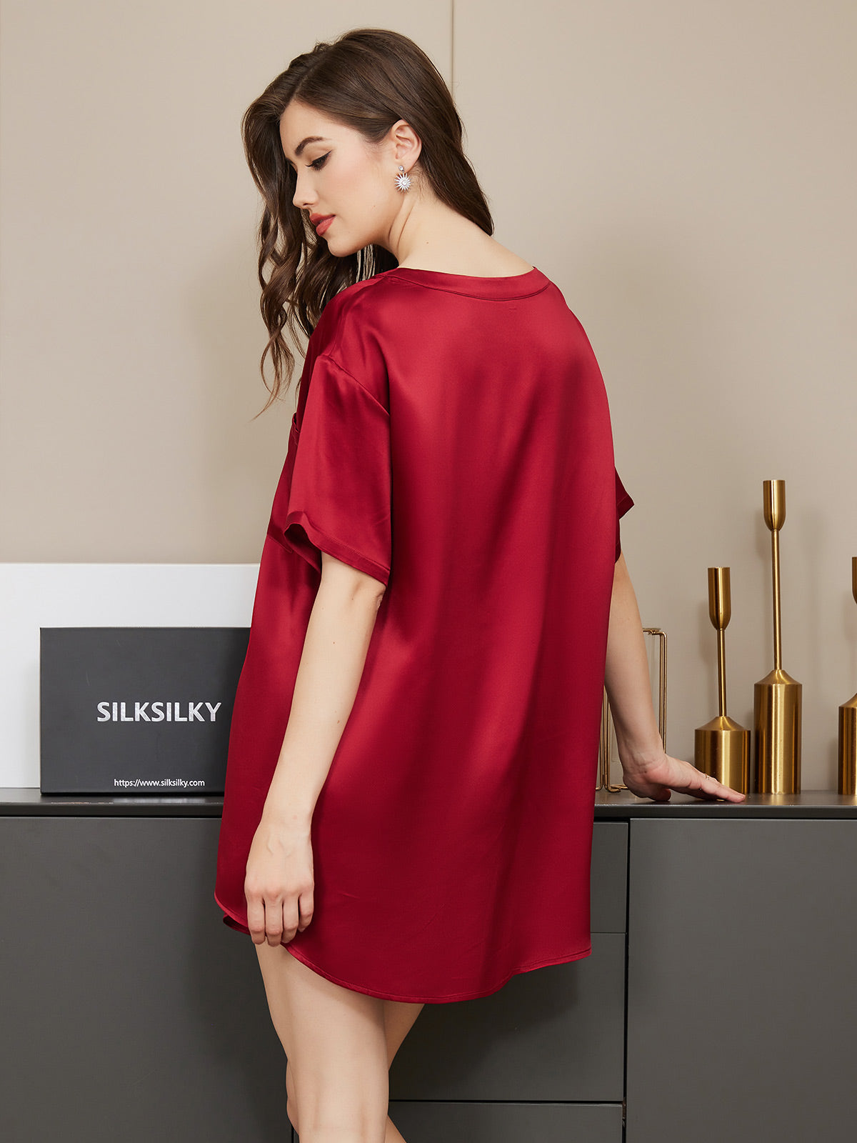 SilkSilky AU Pure Silk Short Sleeve Round Neck Women's Pyjamas Wine 002