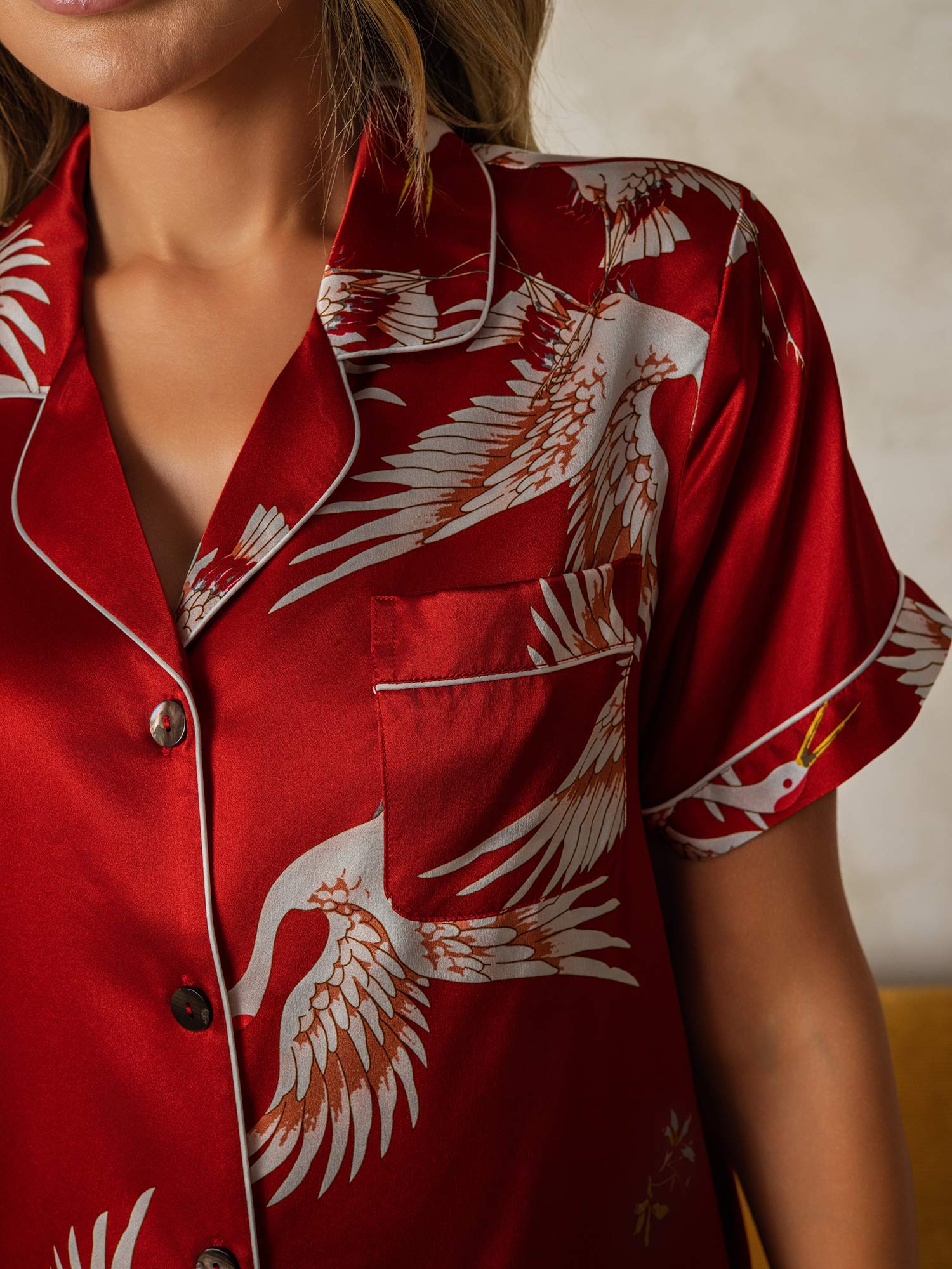 [Dark Red] SilkSilky-AU 19Momme Pure Silk Short Sleeve Notch Collar Women's Pyjamas 004