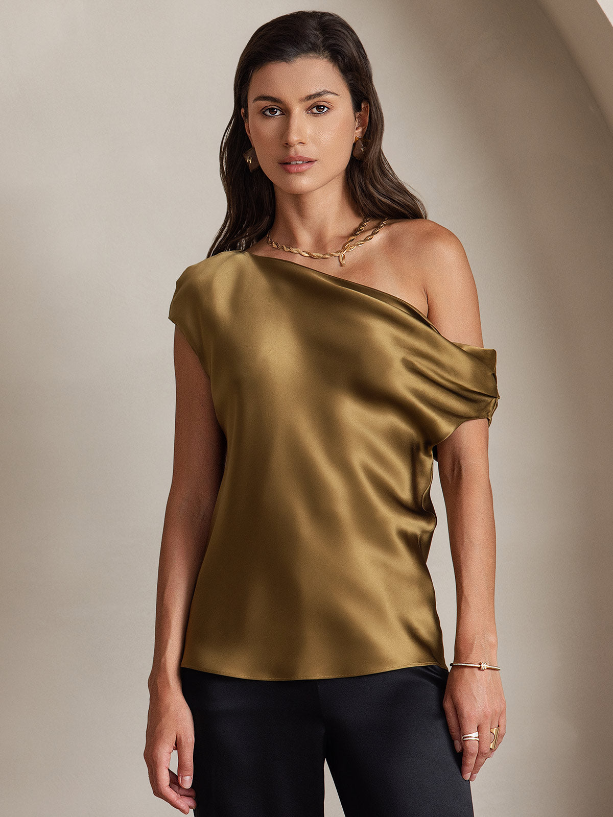 SilkSilky-AU 19Momme Silk Sleeveless One Shoulder Women's T-Shirt Brown 001