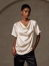 [Beige] SilkSilky-AU Short Sleeve Cowl Neck Women's Blouse 001